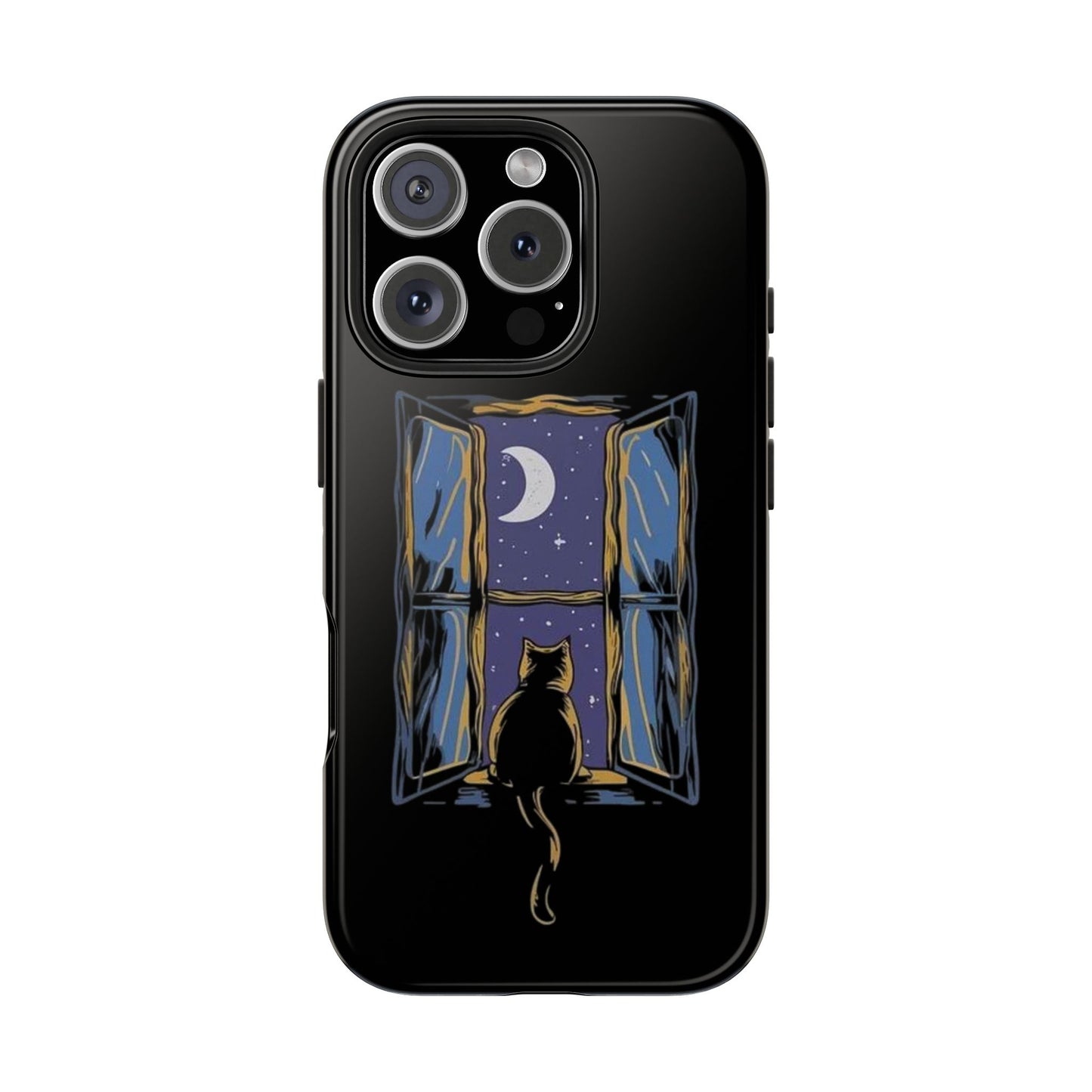 Funda resistente para teléfono con ventana de gato - Escena nocturna para amantes de los gatos