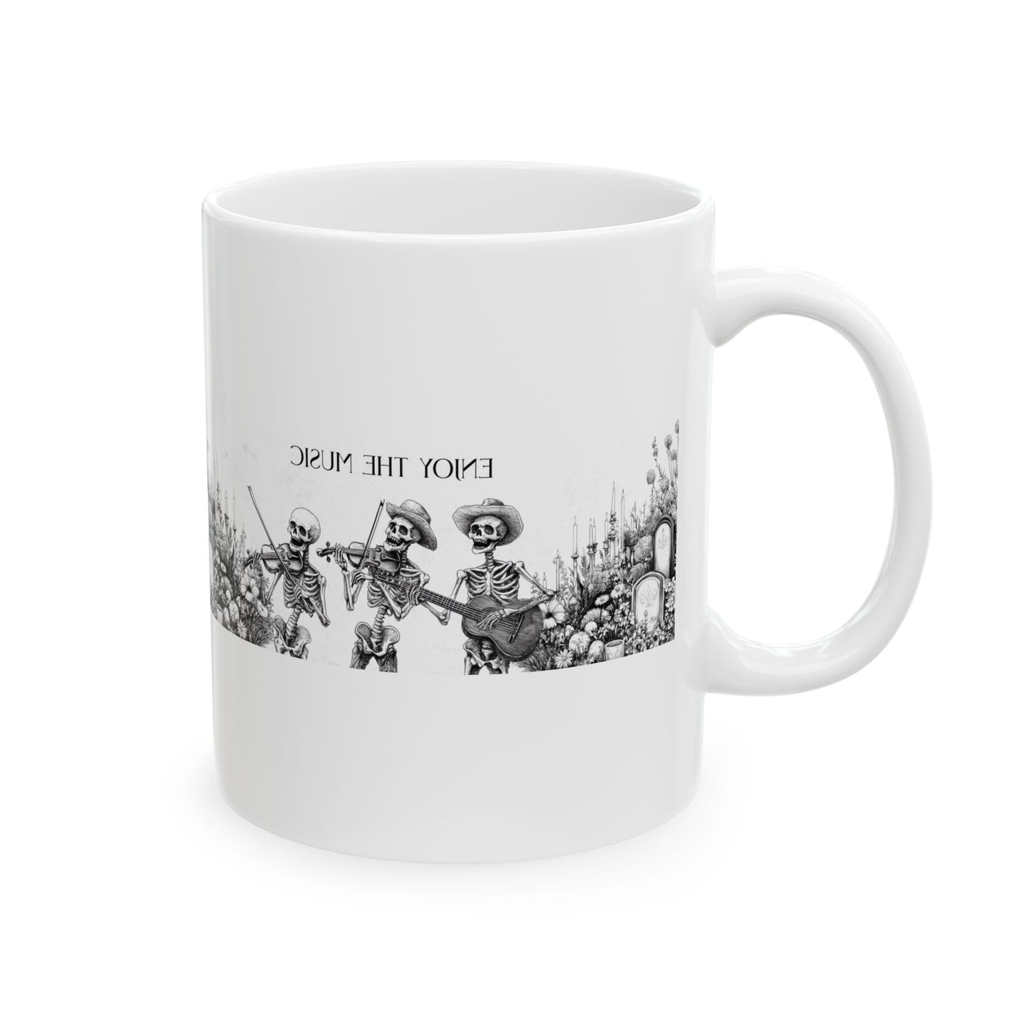 Taza de cerámica con esqueleto "Disfruta de la música": perfecta para amantes de la música y entusiastas de Halloween.