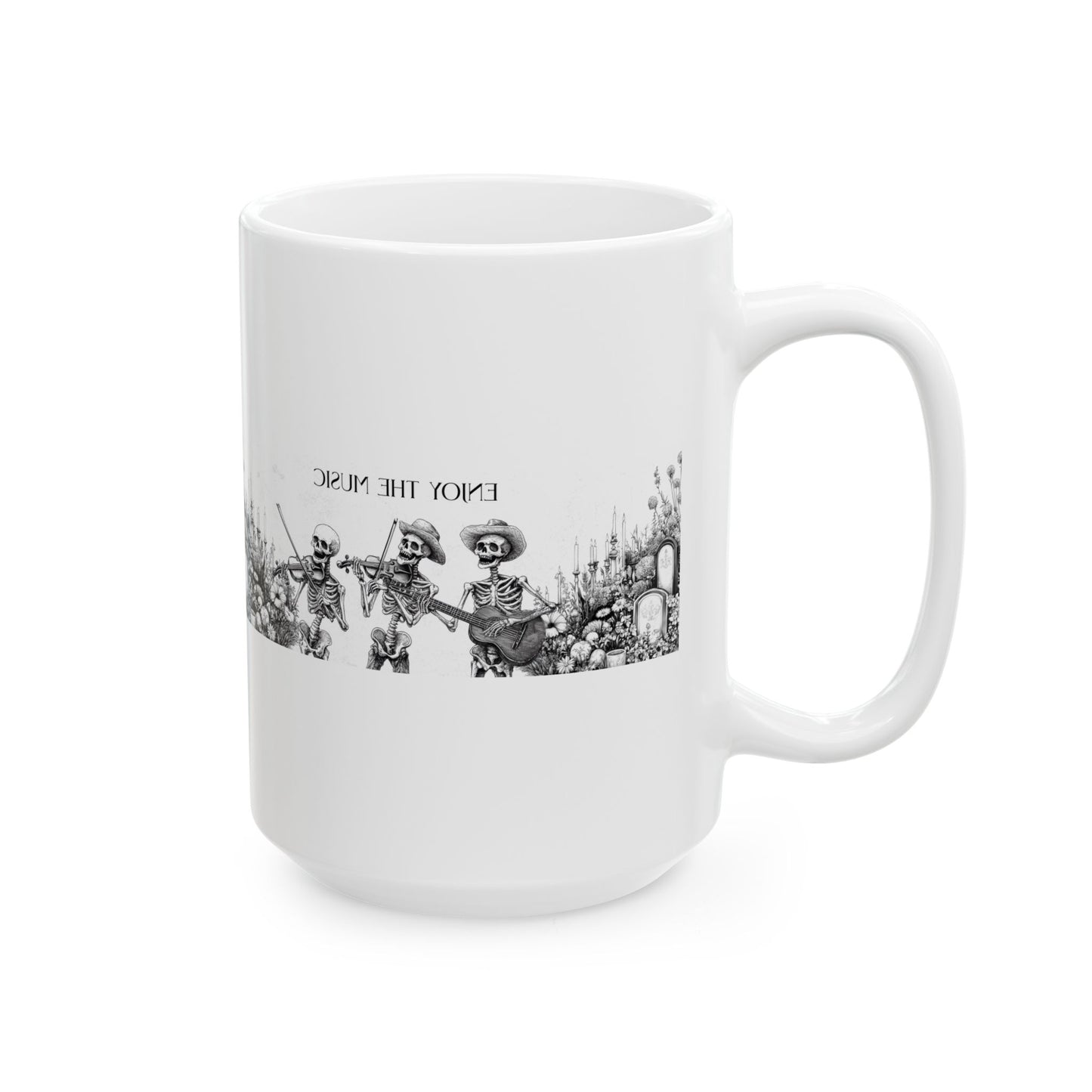 Taza de cerámica con esqueleto "Disfruta de la música": perfecta para amantes de la música y entusiastas de Halloween.