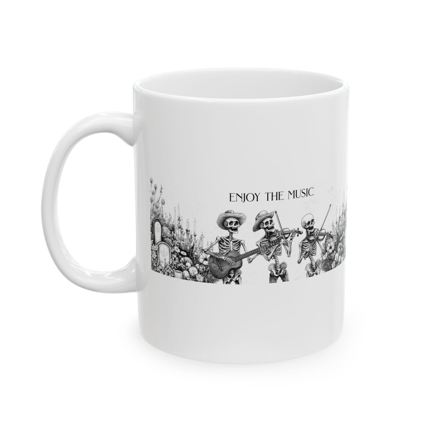 Taza de cerámica con esqueleto "Disfruta de la música": perfecta para amantes de la música y entusiastas de Halloween.