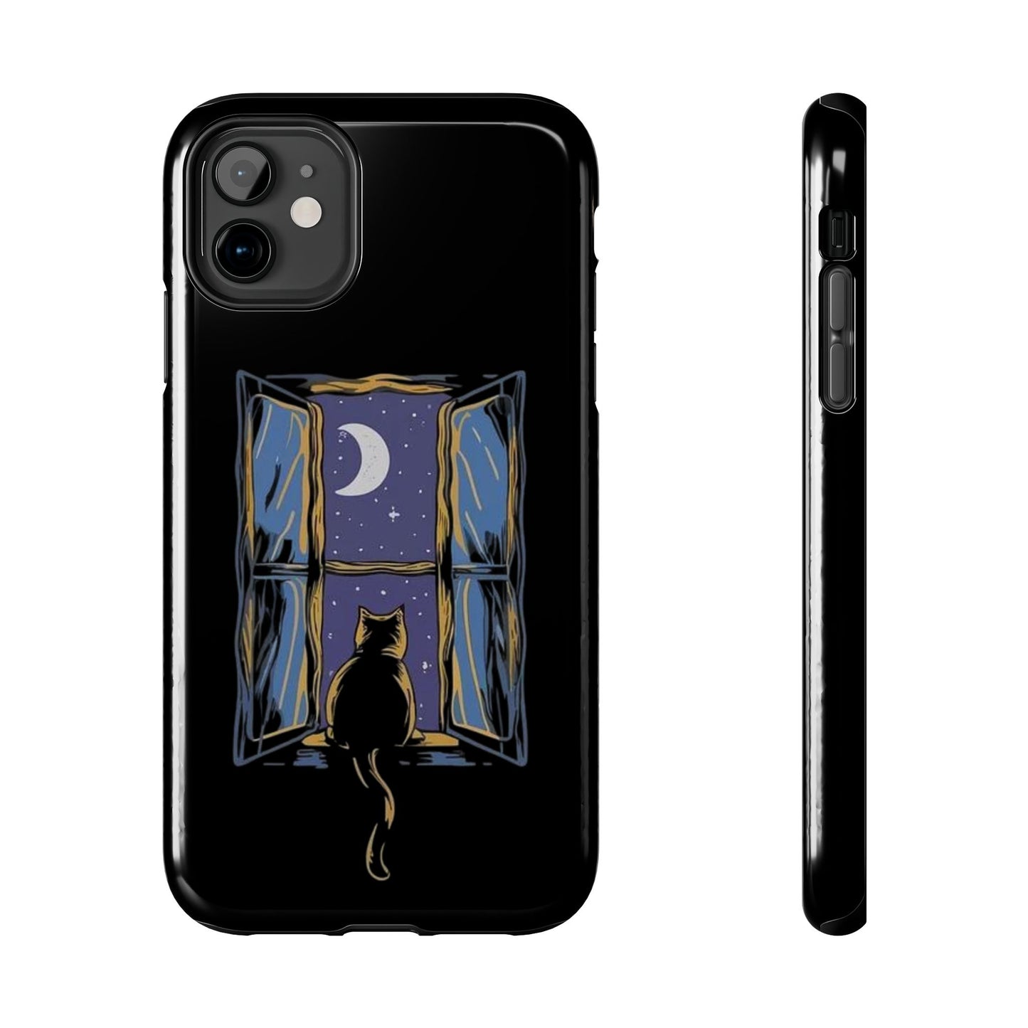 Funda resistente para teléfono con ventana de gato - Escena nocturna para amantes de los gatos
