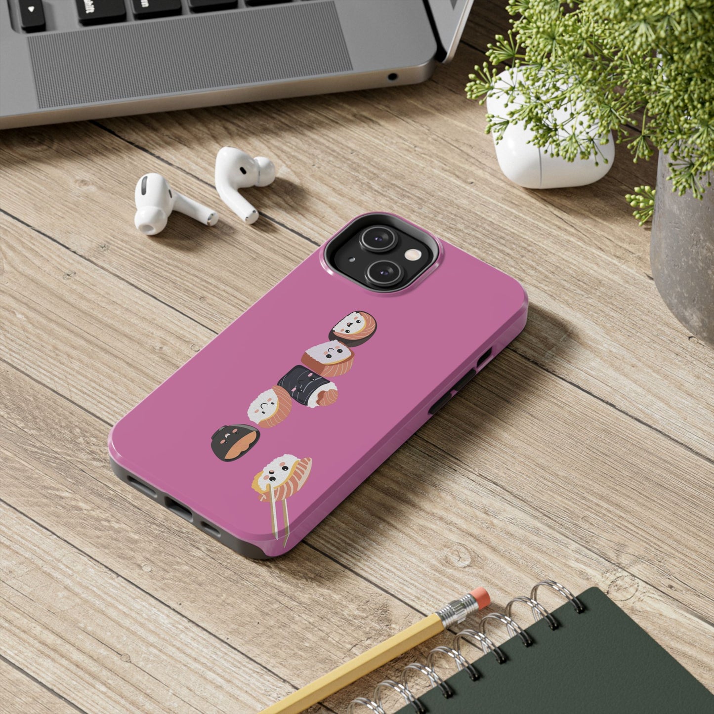 Funda rígida para teléfono con diseño de sushi: un divertido diseño rosa para amantes de la comida.