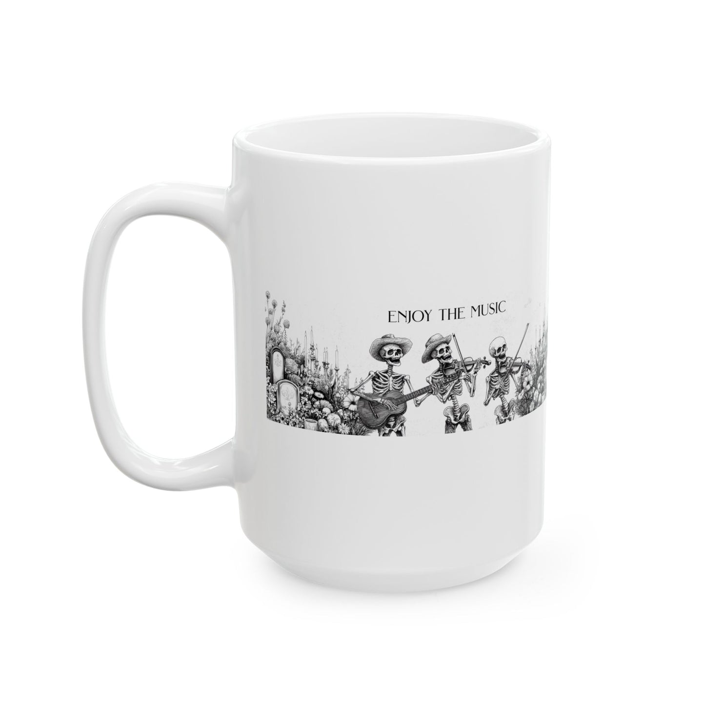 Taza de cerámica con esqueleto "Disfruta de la música": perfecta para amantes de la música y entusiastas de Halloween.