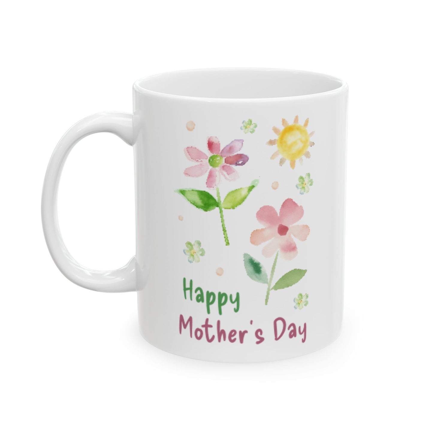 Taza de cerámica floral con texto "Feliz Día de la Madre"