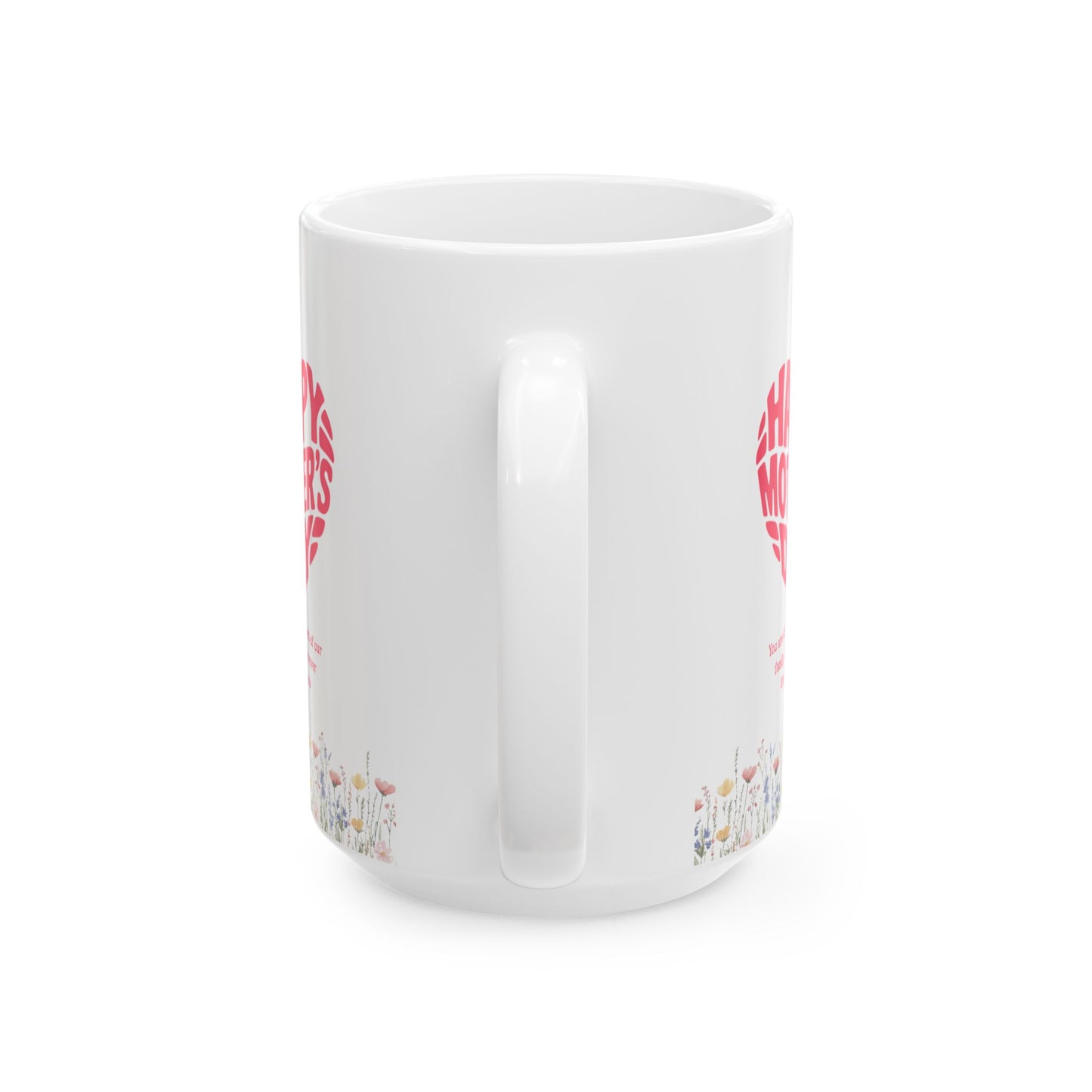 Taza de cerámica floral con texto "Feliz Día de la Madre"
