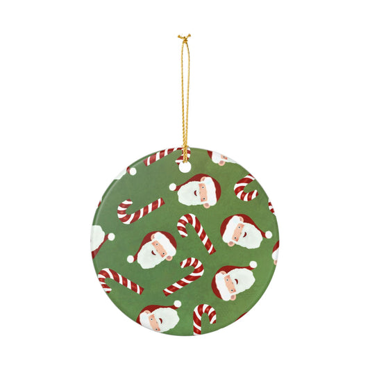 Santa & Candy Cane Ceramic Ornament — Round Christmas Tree Decoration