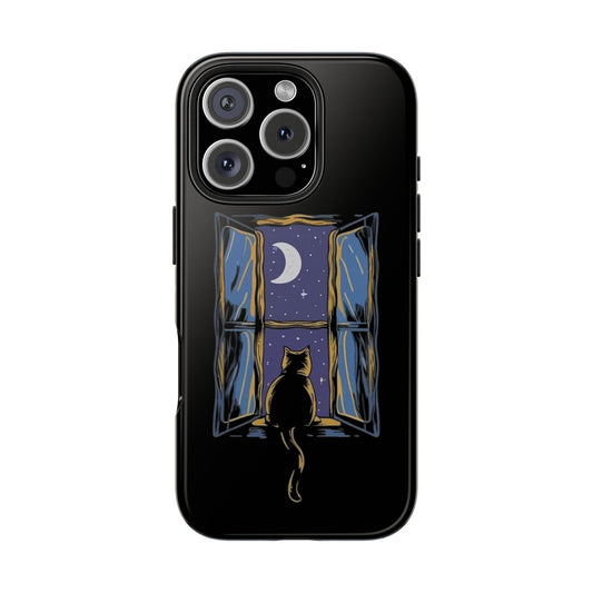 Funda resistente para teléfono con ventana de gato - Escena nocturna para amantes de los gatos