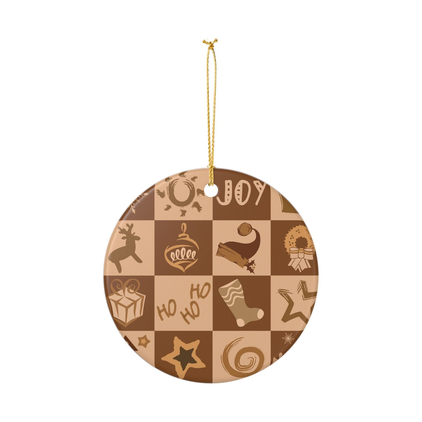 Christmas Ceramic Ornament — Brown Holiday Patchwork 'Joy' Design