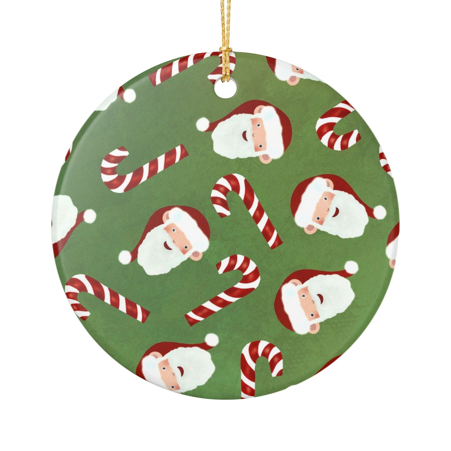 Santa & Candy Cane Ceramic Ornament — Round Christmas Tree Decoration
