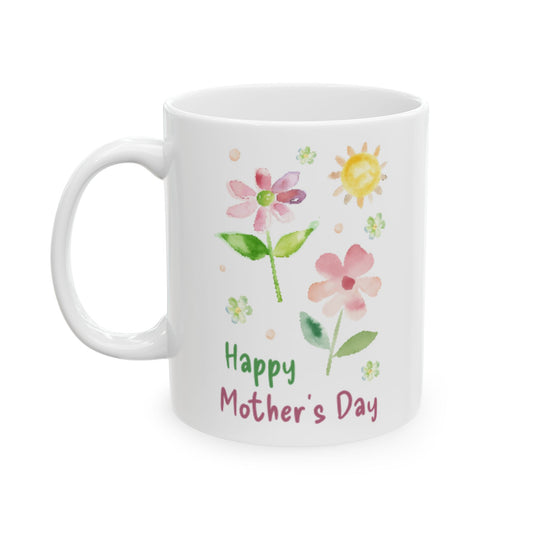 Taza de cerámica floral con texto "Feliz Día de la Madre"