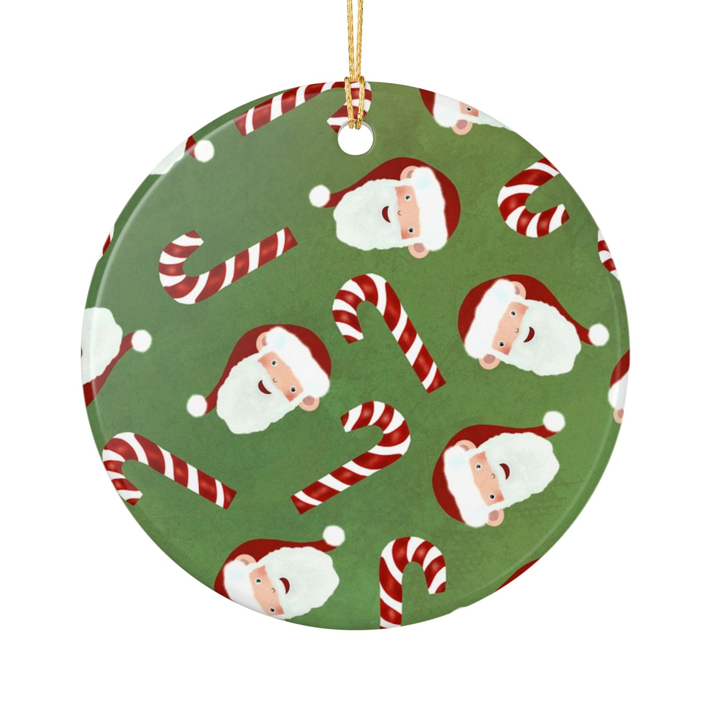 Santa & Candy Cane Ceramic Ornament — Round Christmas Tree Decoration